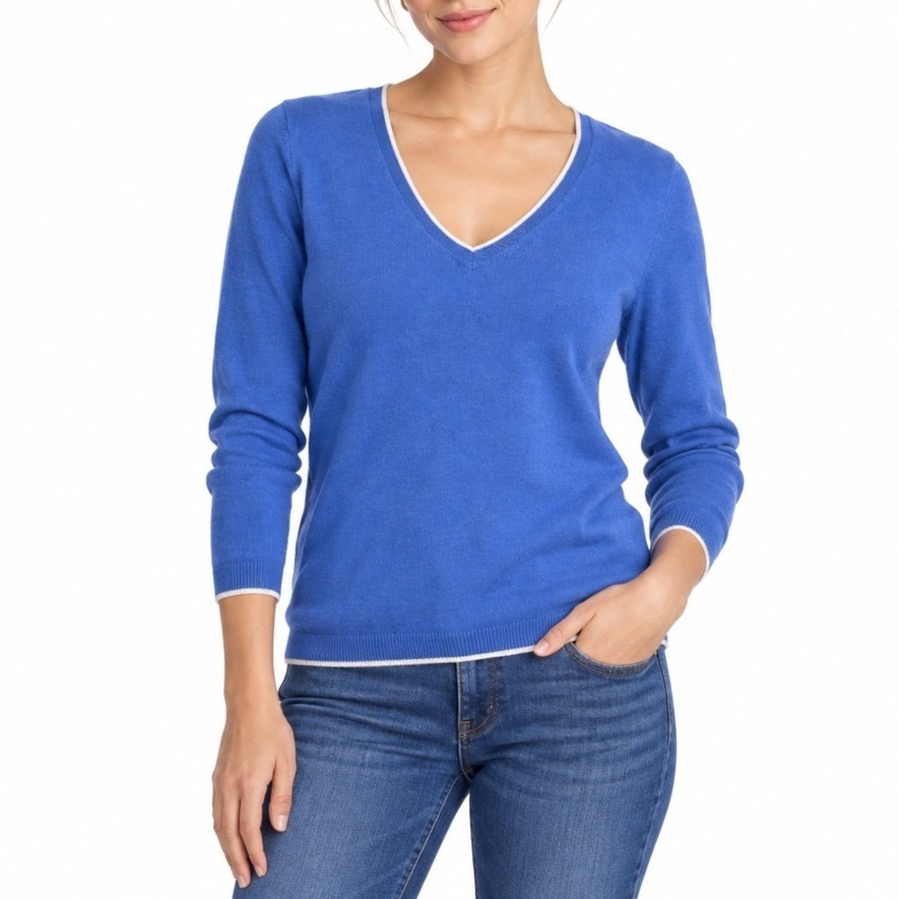 Brooks Brothers Sweater Womens M Blue V-Neck Cotton Cashmere Tipped Trim Preppy